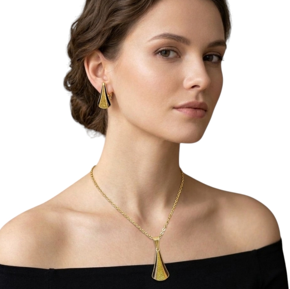 Vintage Art Deco Gold Tone Black Enamel Glitter Pendant Necklace Clip-On Earring